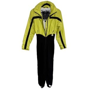 Vintage Nils Neon Yellow Black Ski Suit Womens 10 Retro One Piece Snowsuit 80s